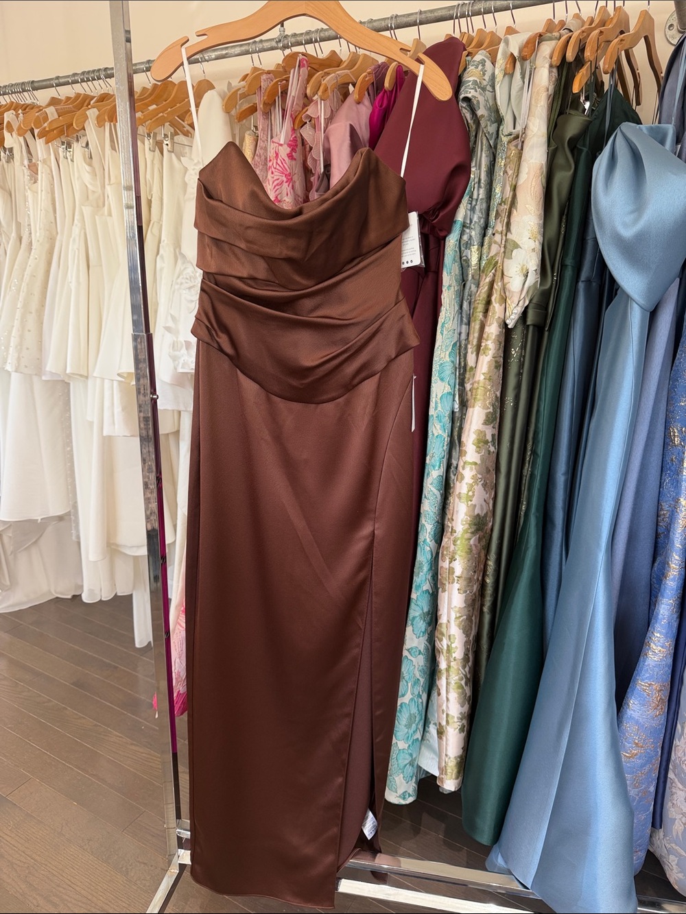 Jenny Yoo Strapless Brown Satin Cowl Dress